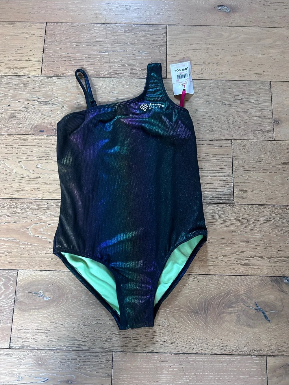 Justice Girls' Black Iridescent One-Piece Swimsuit with Lime Lining